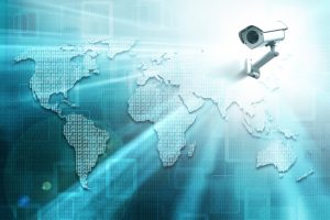 World map formed by binary numbers and security camera. 3D illustration.