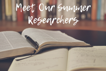 A graphic with open books and a bookshelf, white text reads "Meet our summer researchers"