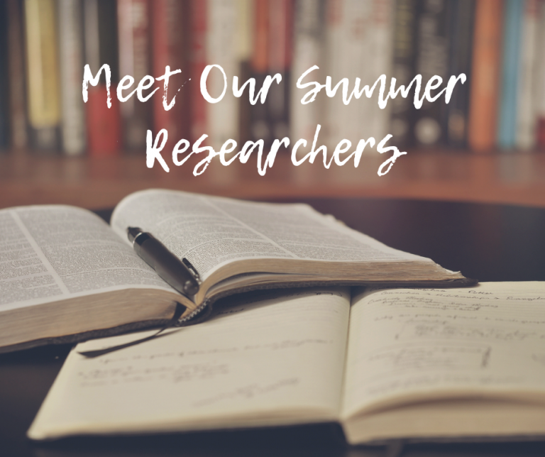 A graphic with open books and a bookshelf, white text reads "Meet our summer researchers"