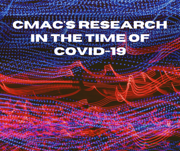 Text reads "CMAC's Research in the Time of COVID-19" in front of dotted lines